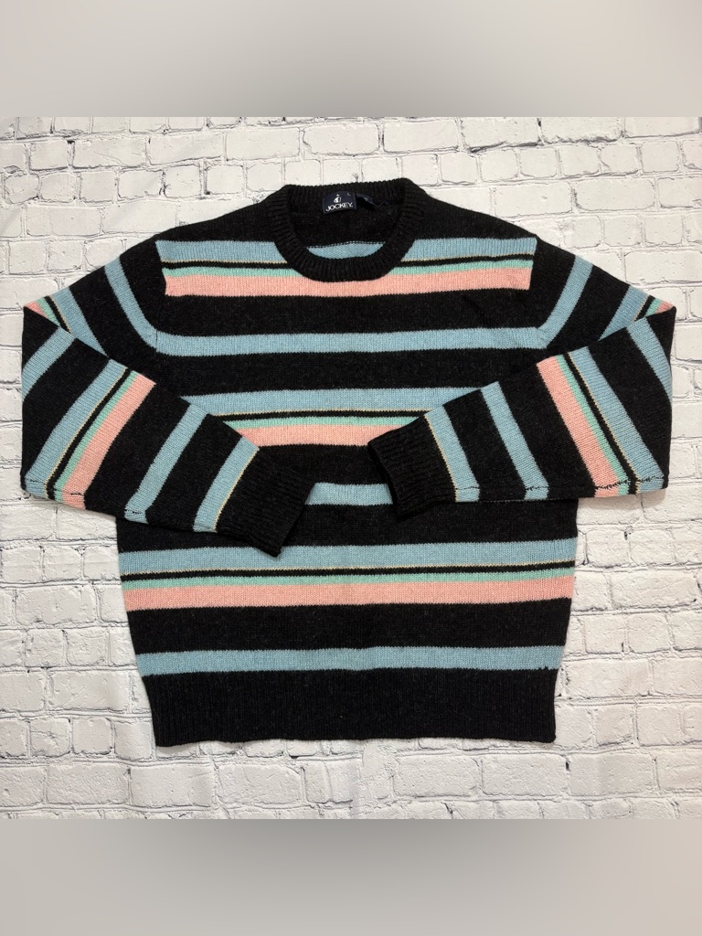 Vintage 80s Jockey 100% Pure Wool Crewneck Sweater Adult Large Blue Pink Stripe